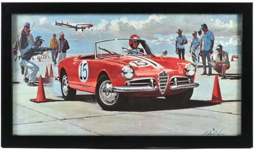 ALFA ROMEO: A print after William Sims featuring a 1958 Alfa Romeo, framed and glazed, image 31.5cm high x 58.5cm wide