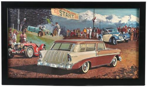 PIKES PEAK: A print after William Sims featuring 1956 Chevrolet Bel Air Nomad at Pikes Peak hillclimb