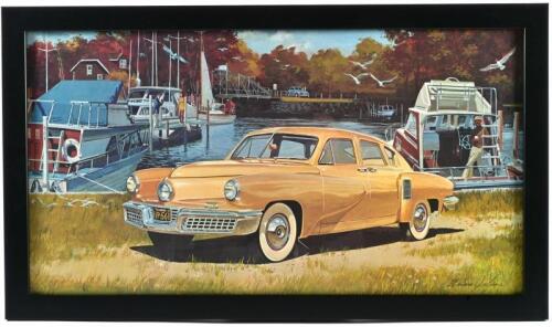 TUCKER: A print after William Sims featuring a 1948 Tucker, framed and glazed