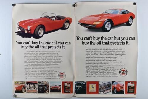 PENRITE: Two advertising posters featuring the Penrite sportscars, AC Ace 1963 and Ferrari Daytona,