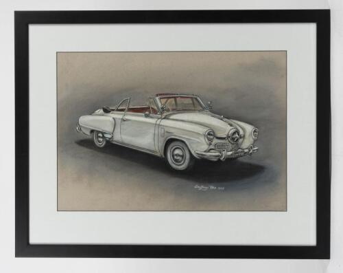 STUDEBAKER: A original pastel drawing of a mid 1950s Studebaker Commander convertible by Geoffrey Tate 1983