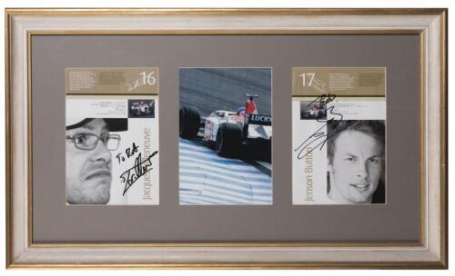 BAR: Two signed and inscribed AGP programme pages for British American Racing, signed Villeneuve and Button