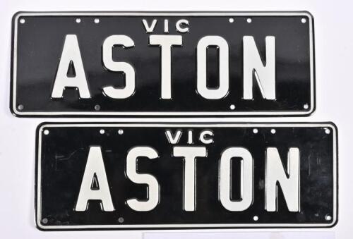 ASTON MARTIN: A pair of Victorian personalised number plate 'ASTON' with rights to display, two black and white plates.