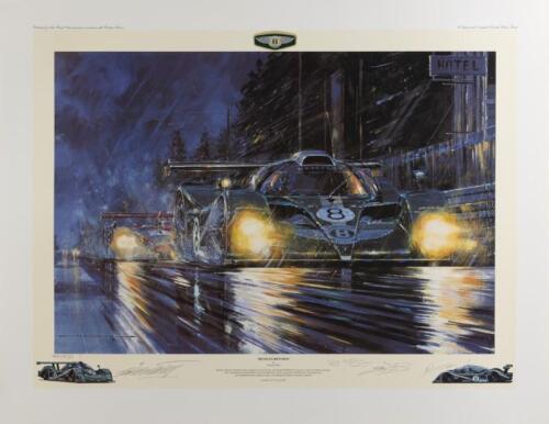 BENTLEY: A limited edition print (400/850) by Nicholas Watts titled "Bentley Returns", signed by Butch Leitzinger, Eric van de Poele, Andy Wallace and artist