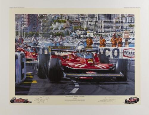 FERRARI: A limited edition print (400/500) by Nicholas Watts titled "Jody Scheckter - 1979 World Champion", signed by Jody and artist