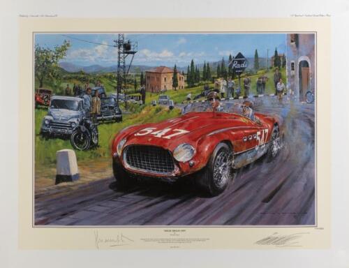 FERRARI: A limited edition print (400/500) by Nicholas Watts titled "Mille Miglia 1953" signed by Giannino Marzotto and artist