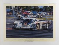 PORSCHE: A limited edition print (400/500) by Nicholas Watts titled "Porsche Domination - Le Mans 1982", signed by Vern Schuppan, Derek Bell, Hurley Haywood, Jacky Ickx, Jurgen Barth and Jochen Mass, with CoA