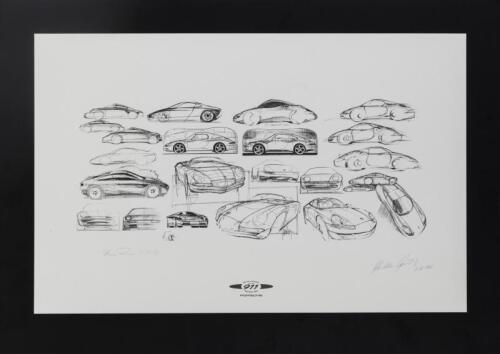 PORSCHE: 911, 996 Large print showing styling sketches circa 1997. Signed to front.