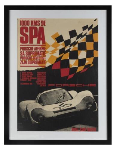 PORSCHE: A large rare circa 1969 original victory poster for 1969 celebrating Porsche win at the 1000km of Spa in the Porsche 908, framed