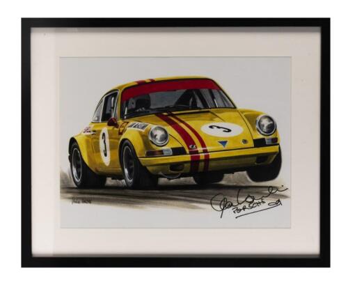 PORSCHE: A print featuring Jim McKeown in his 911S in around 1970, signed Alan Hamilton, mounted and framed