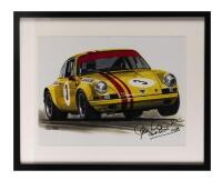 PORSCHE: A print featuring Jim McKeown in his 911S in around 1970, signed Alan Hamilton, mounted and framed