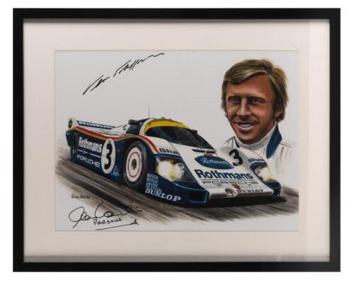 PORSCHE: A print featuring Vern Schuppan and his Rothmans 956 Porsche, signed by Vern and Alan Hamilton, mounted and framed, 29cm high, 38.5cm wide.