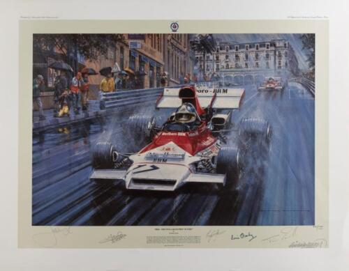 BRM: A limited edition print (400/500) by Nicholas Watts titled "BRM-The Final GP Victory" signed by Jean-Pierre Beltoise, Tony Southgate, Louis Stanley, Tim Parnell and Jacky Ickx
