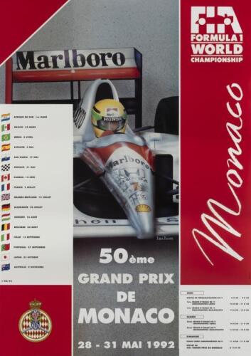 MONACO: An original poster from the 1992 50th Monaco Grand Prix, featuring Ayrton Senna