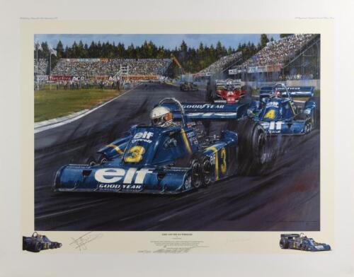 TYRRELL: A limited edition print (400/500) by Nicholas Watts titled "Jody & the Six-wheeler" signed by Jody Scheckter, Derek Gardner and artist