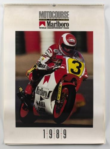 MOTO GP: An original 1989 Grand Prix calendar by Motocourse containing multiple photos of Motogp races.