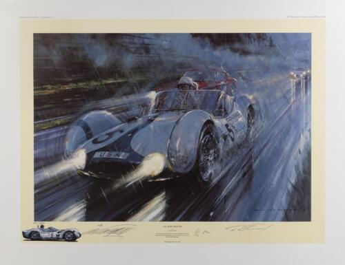 MASERATI: A limited edition print (400/500) by Nicholls Watts titled "Victory Bound", signed by Stirling Moss, Dan Gurney and artist