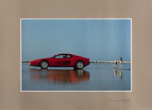 FERRARI: A limited edition photograph print (832/100) of a Ferrari Testarossa on a beach with a Great Dane, signed by photographer