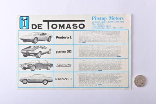 DE TOMASO: a circa 1975 sales brochure, Australian issued.