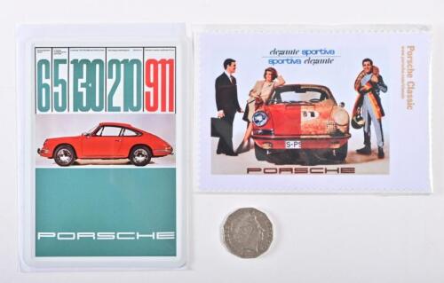 PORSCHE: Two Porsche promotional items: Metal postcard showing 1965 911 and eyeglass cleaning cloth.