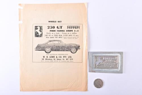 Circa 1960's FERRARI: W.H.Lowe metal printer's block, 250 GT.