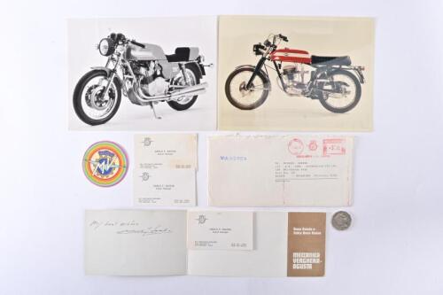 MV AGUSTA: Two press photos, Christmas card, in original mailing envelope, signed Carlo Sacchi.