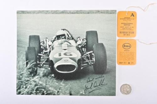 BRABHAM: A small Repco green tint poster, facsimile signed. Two swing tags for the 1961 International meeting at Warwick Farm.