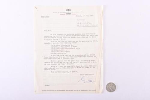 1960 FERRARI: document re 250 GT and price list for the Ferrari range in USD.