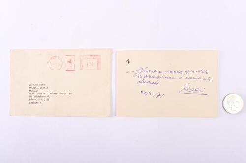 1975 FERRARI: written & signed by Enzo Ferrari thank you card with OME.