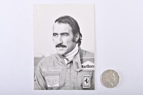 FERRARI: Circa 1975 Clay Regazzoni, Ferrari driver glossy b&w photo.
