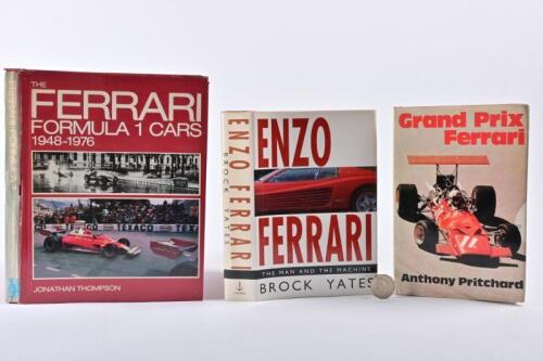 FERRARI: Three hardcover books, "The Ferrari Formula 1 cars, 1948-1976" by Thompson, "Enzo Ferrari", by Brock Yates and "Grand Prix Ferrari", by Pritchard.
