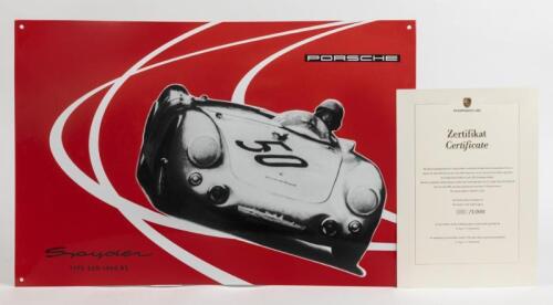 PORSCHE: A limited edition (588/1000) factory produced enamel sign featuring the 550/1500 Spider RS produced in 2000, with COA.