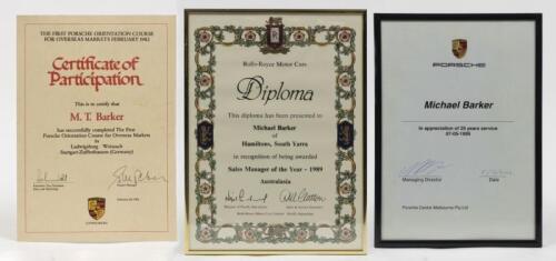 MICHAEL BARKER: Three of Mike Barker's certificates of merit from Porsche and Rolls-Royce