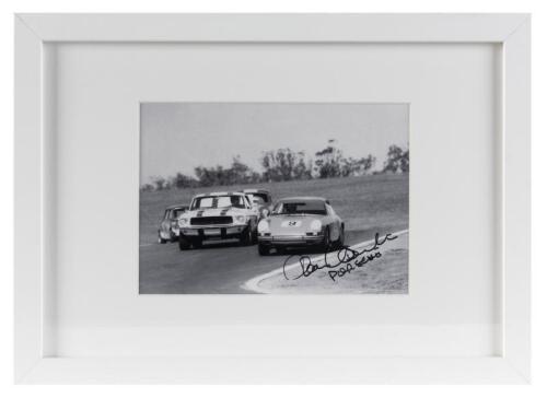 PORSCHE: A signed photograph of Alan Hamilton (911T/R) and Pete Geoghegan (Mustang) dicing, signed "Alan Hamilton Porsche"