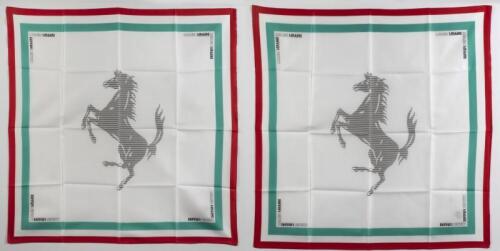 FERRARI: Two colourful fabric scarves with horse insignia in black.