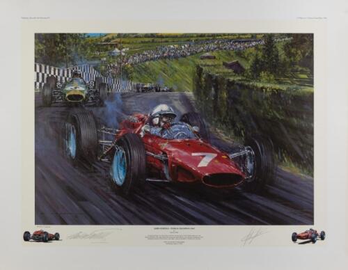 JOHN SURTEES: A limited edition print (400/500) by Nicholas Watts titled "John Surtees - World Champion 1964", signed in pencil by John Surtees and artist