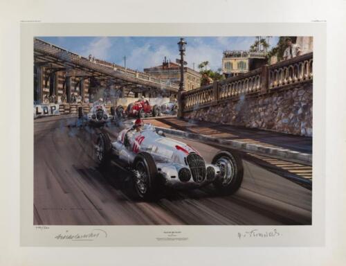 MERCEDES: A limited edition (400/500) print by Nicholas Watts titled "Race of the Titans", signed in pencil by Manfred von Brauchitsch and the artist
