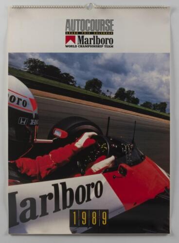 GRAND PRIX: An original 1989 Grand Prix calendar by Autocourse containing multiple Grand Prix races photos, Marlboro team focus.