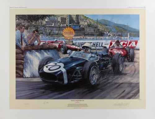 LOTUS: A limited edition (400/500) print by Nicholas Watts titled "Monaco Grand Prix 1961", signed in pencil by Stirling Moss, Rob Walker and artist