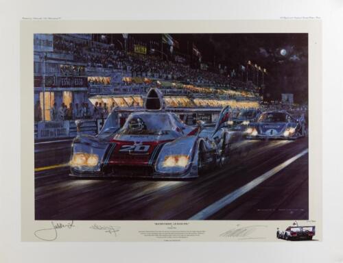 PORSCHE: A limited edition print (400/500) by Nicholas Watts titled "Racer's Moon - Le Mans 1976" signed by Jacky Ickx, Gijs van Lennep and artist