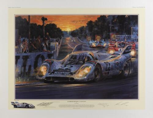 GIJS VAN LENNEP/DR HELMUT MARKO: A limited edition print (400/500) by Nicholas Watts titled "As Darkest Beckons - Le Mans 1971", signed in pencil by GiJs van Lennep, Dr Helmut Marko and the artist
