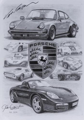 PORSCHE: A print by Eric Irvine of Porsche through the ages, signed Vern Schuppan and Alan Hamilton.