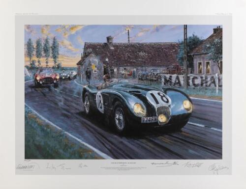 DUNCAN HAMILTON/TONY ROLT: A limited edition print (400/500) by Nicholas Watts titled "Jaguar at the White House - Le Mans 1953", signed in pencil by Duncan Hamilton, Tony Rolt, Lofty England, Gigi Villoresi and the artist