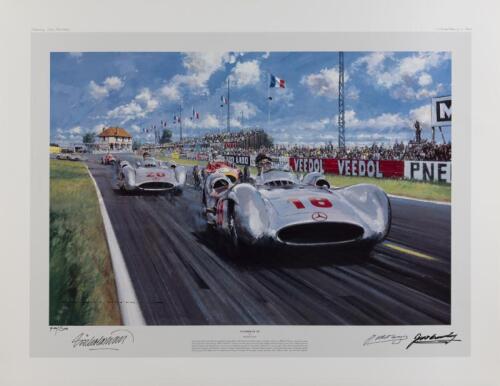 JUAN FANGIO/JOSE GONZALEZ: A limited edition (400/500) print by Nicholas Watts titled "Summer of '54", signed in pen by Fangio, Gonzalez and the artist