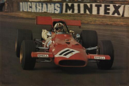 CHRIS AMON: An original poster featuring Chris Amon driving Ferrari V12 at the Silverstone British Grand Prix 1969