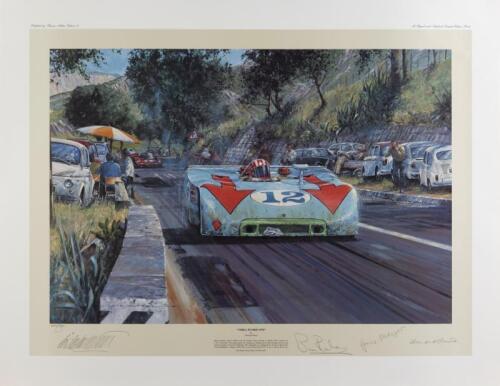 BRIAN REDMAN/HANS MEZGER: A limited edition print (400/500) by Nicholas Watts titled "Targa Florio 1970", signed in pencil by Brian Redman, Hans Mezger, Manfred Bantle and the artist, accompanied by COA