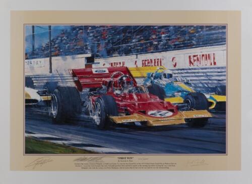 EMERSON FITTIPALDI/JACK BRABHAM: A limited edition print (400/500) by Nicholas Watts titled "First Win", signed in pencil by Emerson Fittipaldi, Jack Brabham and the artist