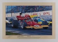 EMERSON FITTIPALDI/JACK BRABHAM: A limited edition print (400/500) by Nicholas Watts titled "First Win", signed in pencil by Emerson Fittipaldi, Jack Brabham and the artist