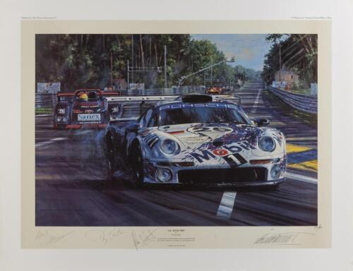 THIERRY BOUTSEN/HANS STUCK/BOB WOLLEK: A limited edition print (400/600) by Nicholas Watts titled "Le Mans 1996", signed in pencil by Thierry Boutsen, Hans Stuck, Bob Wollek and the artist