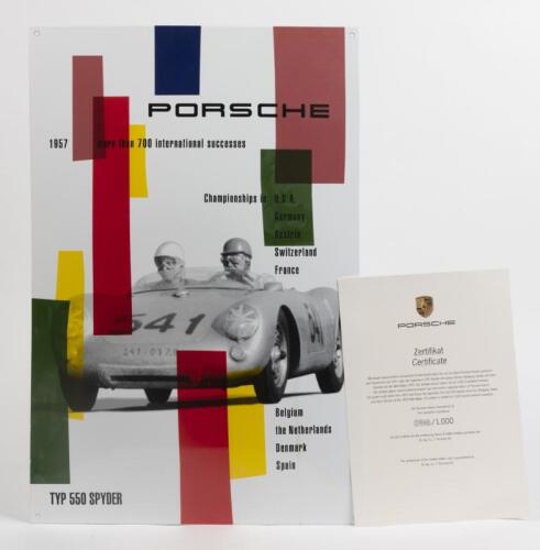 PORSCHE: A limited edition (948/1000) factory produced enamel sign featuring the 550 Spider in 1957, produced in 2003 with COA.